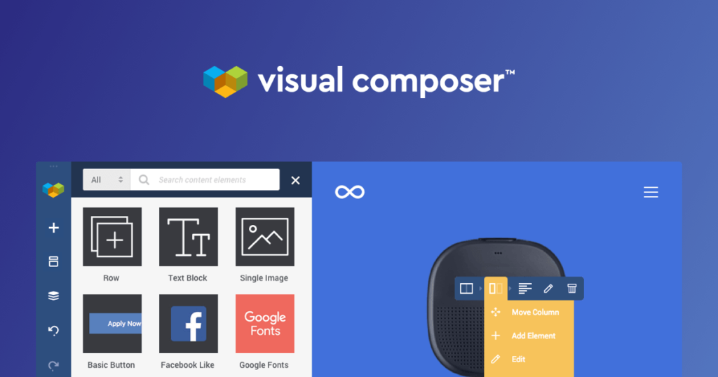 Landing page for Visual Composer, a front-end editing experience in a WordPress visual builder